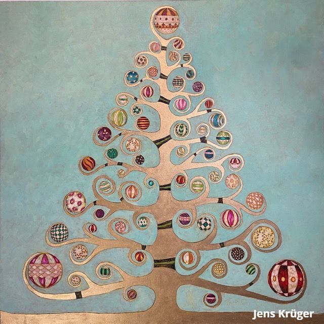 Künstlerischer Weihnachtsbaum von Jens Krüger aus Berlin, der für seine Painted Houses bekannt ist. Jens Krüger Leidenschaft sind die Painted Houses. Hier hat er sich mit seinem goldenen Weihnachtsbaum, dessen Zweige die Weihnachtskugeln wie Hände umfassen, ein Denkmal gesetzt.