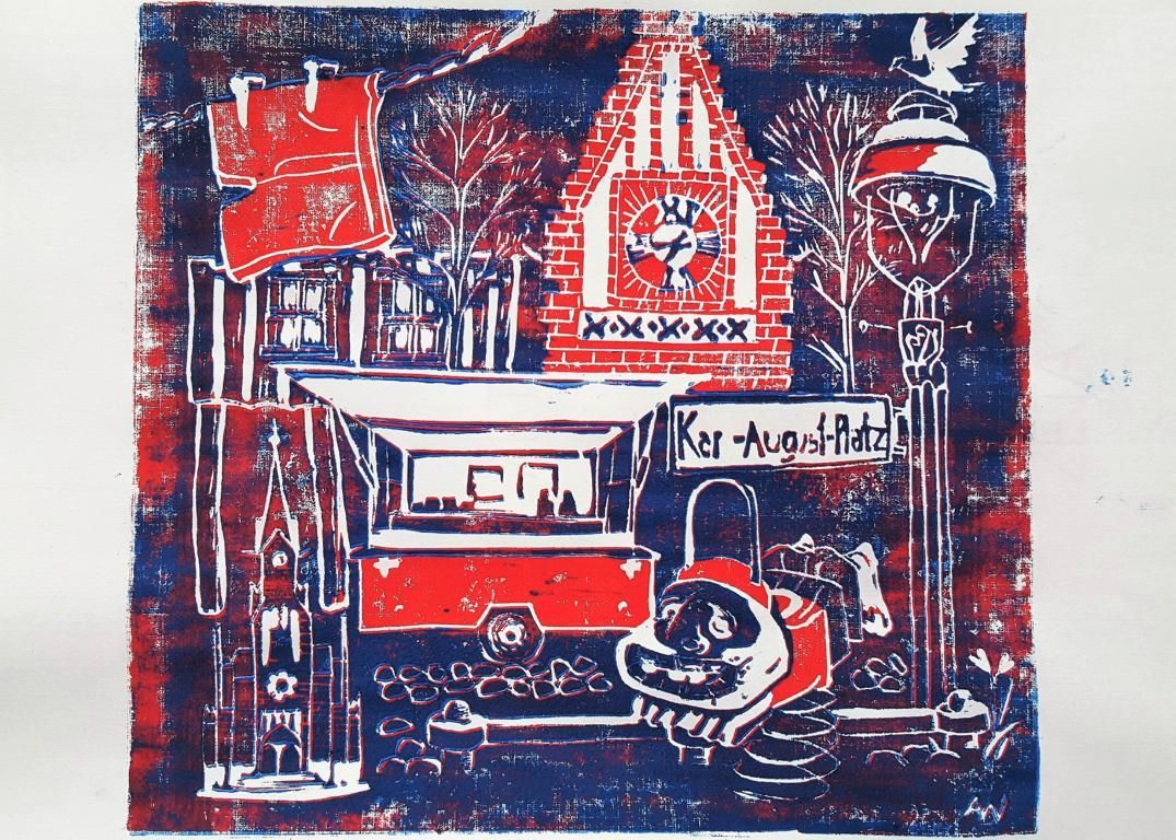 Antje Witzels in rot-blau gehaltenem Linolschnitt vom Kunstmarkt an der Trinitatiskirche (Karl-August-Platz).
