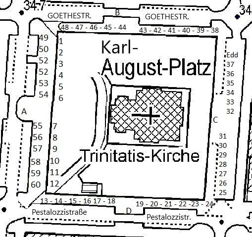Vogelperspektive auf den Karl-August-Platz mit der Verteilung der Stände beim kunsthandwerklichen Ostermarkt rund um die Trinitatiskirche am Karl-August-Platz in Berlin-Charlottenburg