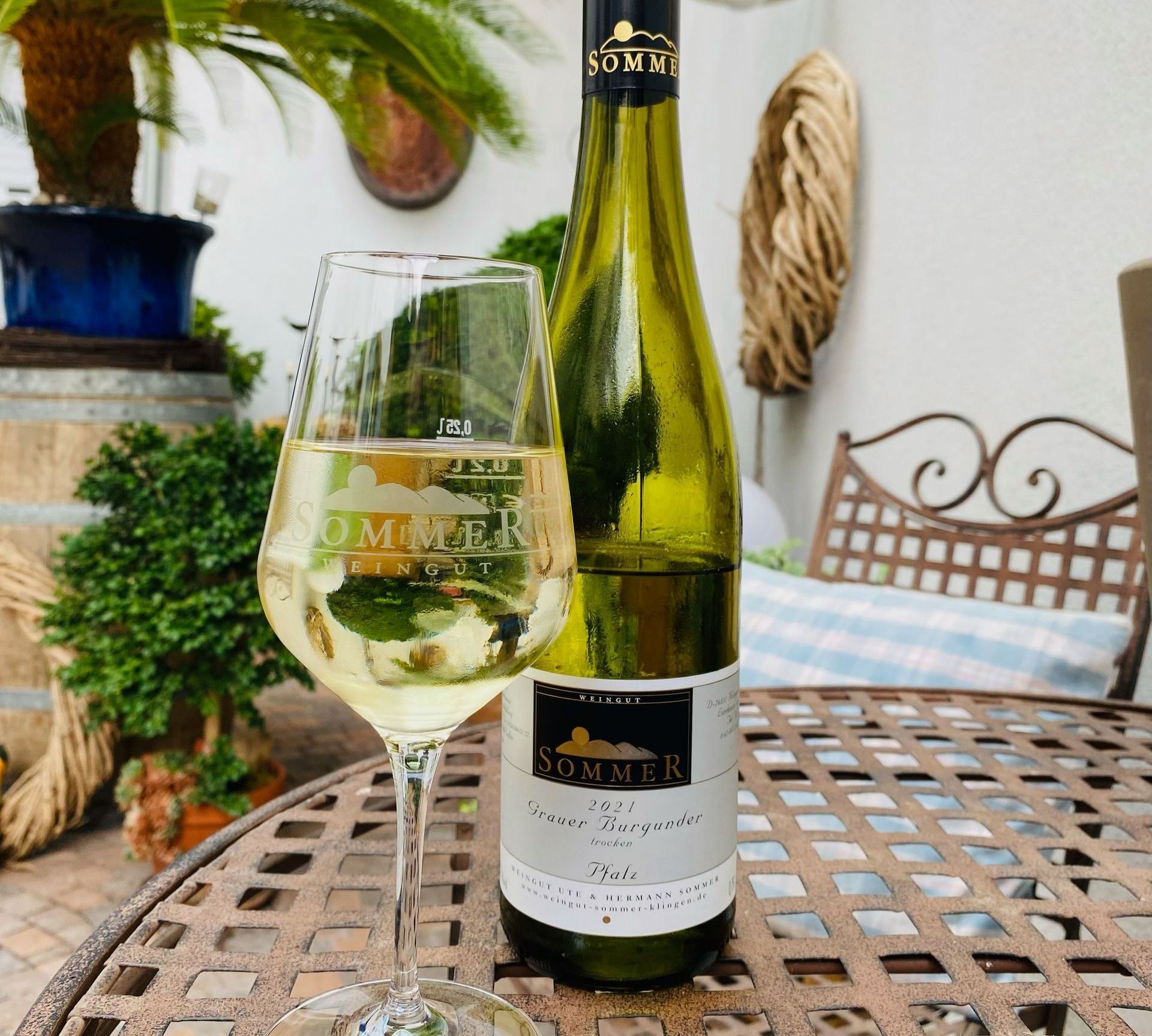 Eisgekühlter Weißwein, das Wasser perlt an der Flasche ab, das Weinglas ist mit Sommers Grauer Burgunder trocken zu zwei Dritteln gefüllt. Wohl bekomm's!