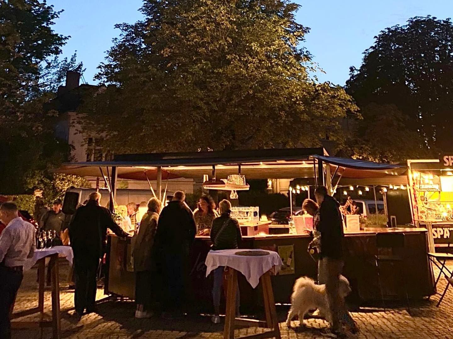 Manuela Wandl vom Weingut Wandl in Schiltern schenkt zur Blauen Stunde Wein aus – Gäste genießen den Moment rund um den stimmungsvoll beleuchteten Stand