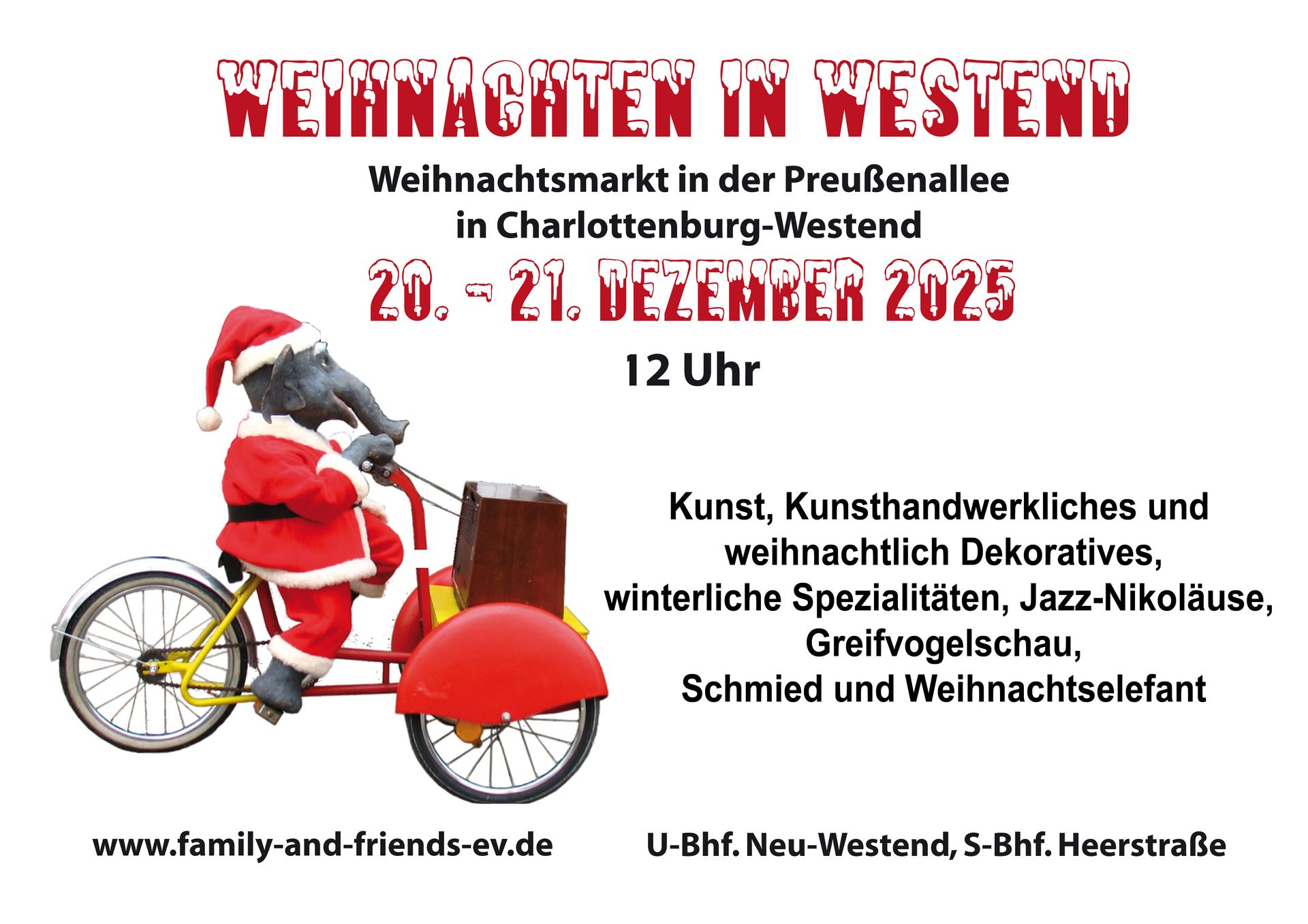 Plakat zu „Weihnachten in Westend“ mit Jochen, dem Weihnachtselefanten, auf einem Dreirad