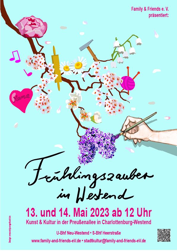 Mirja Engelhardt ist Illusionsmalerin und Grafikdesignerin. Sie hat das Plakat zum Frühlingszauber in Westend gestaltet. Vor frühlingshaftem, blauem Himmel gibt es einen Zweig mit Blüten am Fliederbusch zu sehen, das Herz zum Muttertag und viele Kirschblüten, die den Frühling ankündigen und die Bienen anlocken. Beim Fest geht es künstlerisch und kunsthandwerklich zu. Deshalb sehen wir Wolle im Knäuel, einen Hammer, die Nudelrolle und den Pinsel, der die Blüten in den Zweig malt.