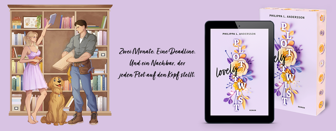 Moodbild Buch Lovely Plot Twist mit Illustration von Savenna vor Bücherregal, Hund Murphy und Handwerker Cameron, der ein neues Regalbrett einlegt.