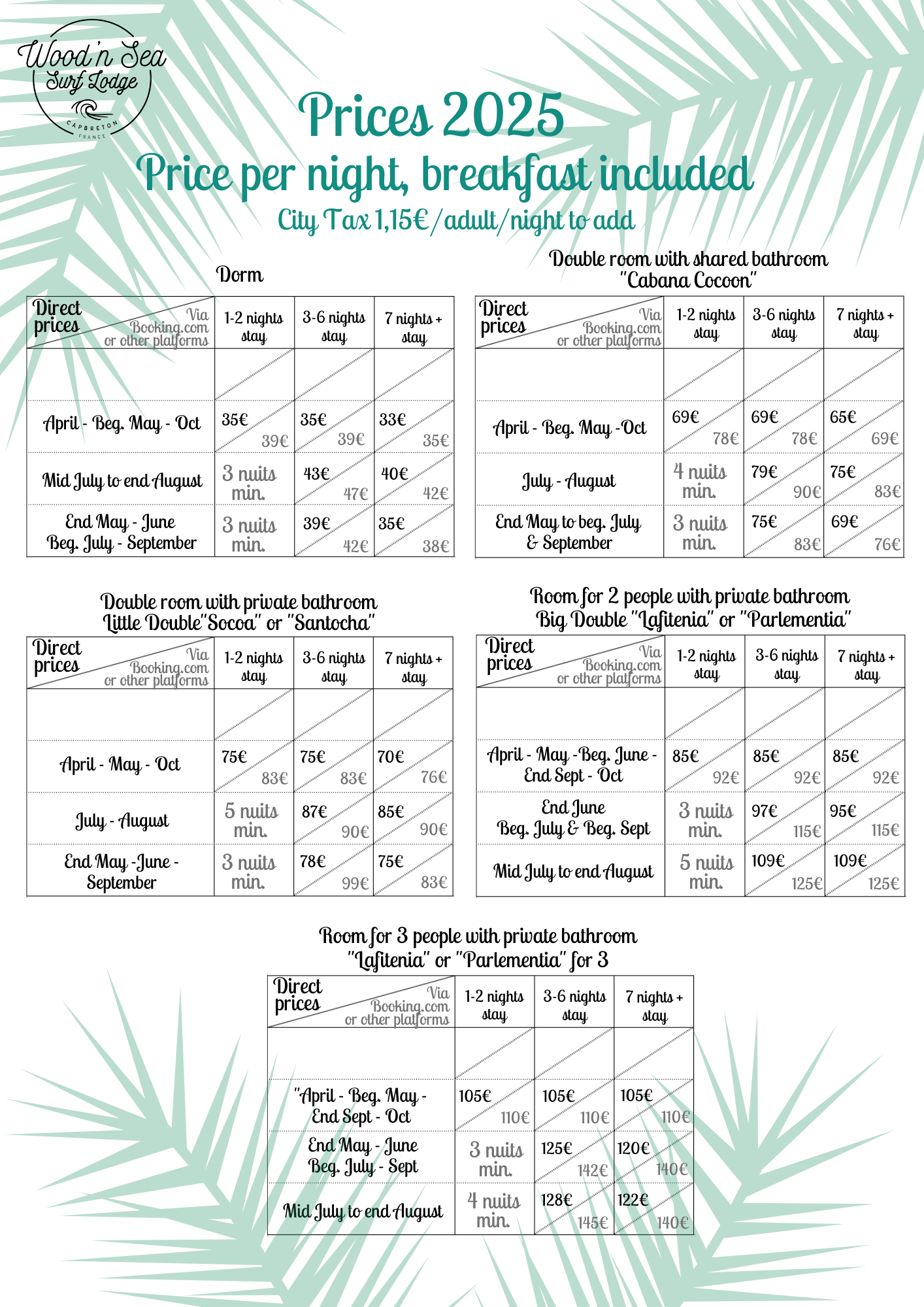 Tarifs par personne Tarifs Surf House Capbreton