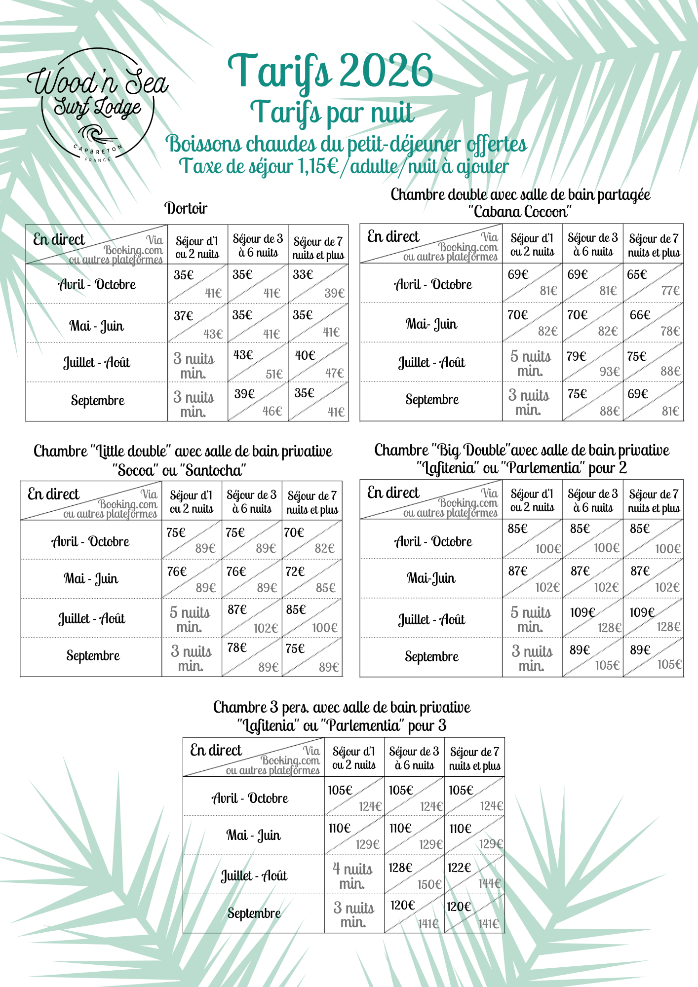 Tarifs par personne Tarifs Surf House Capbreton