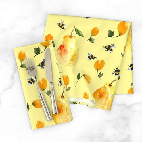 Dinner napkins with a handpainted pattern of bees and pears by katmeetsmouse. Available on Spoonflower.