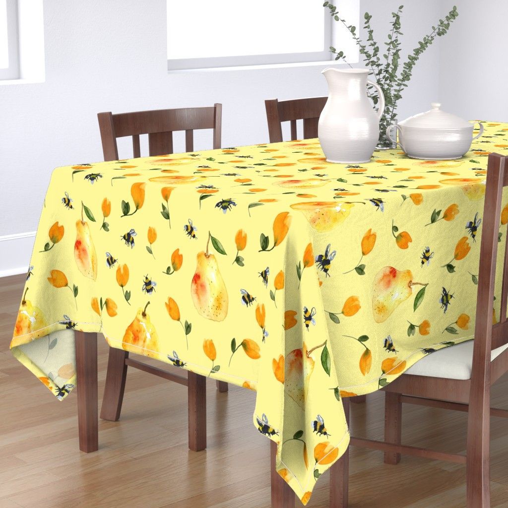 Tablecloth with a handpainted pattern of bees and pears by katmeetsmouse. Available on Spoonflower.