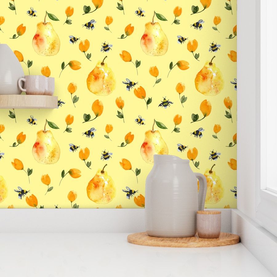 Wallpaper with a handpainted pattern of bees and pears by katmeetsmouse. Available on Spoonflower.