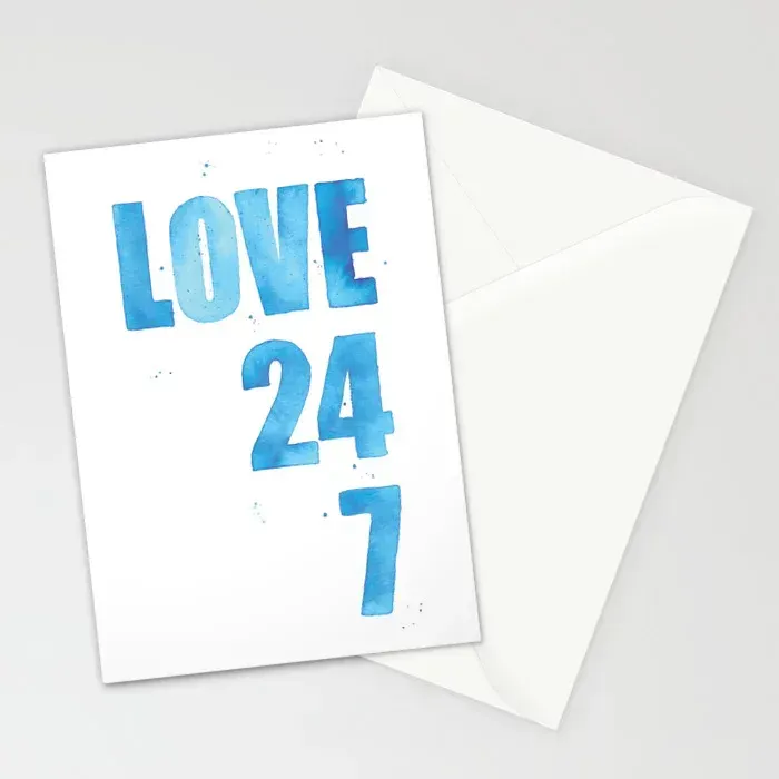 Stationary Card with Love 24,7 spelled out in hand-painted watercolor letters and numbers