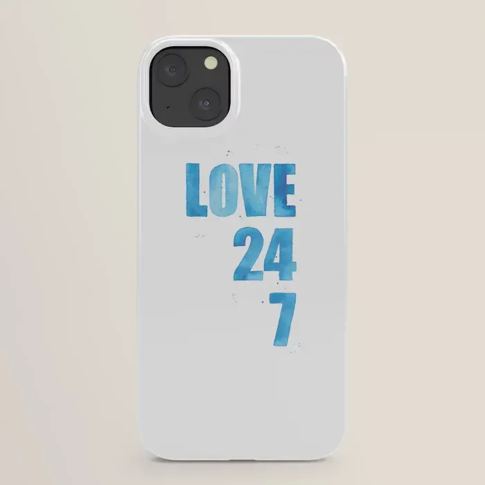 picture of an iphone case with a watercolor lettering design, reading love 24,7 in blue letters and numbers