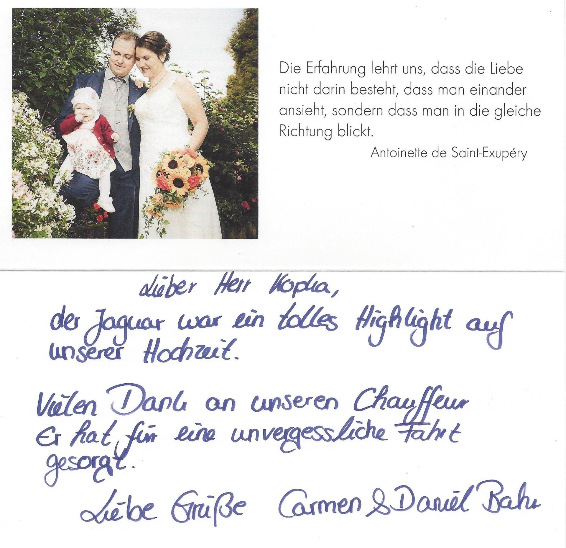 Hallo Carmen und Daniel! Das freut mich, dass Sie vom Hochzeitsauto so begeistert waren. Das Kompliment habe ich gerne an Ihren Chaffeur weiter gegeben. Er hat sich auch gefreut über diese freundliche und begeisterte Bewertung. Freundliche Grüße und alles Gute Ihnen Dreien, Reinhard Kopka Google Rezensionen Oldtimer mieten