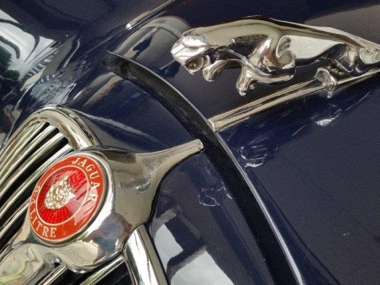 Schickes englisches Jaguar Hochzeitsauto, nur Original mit der Raubkatze vorne. Oldtimer Hochzeitsauto Vermietung Jaguar