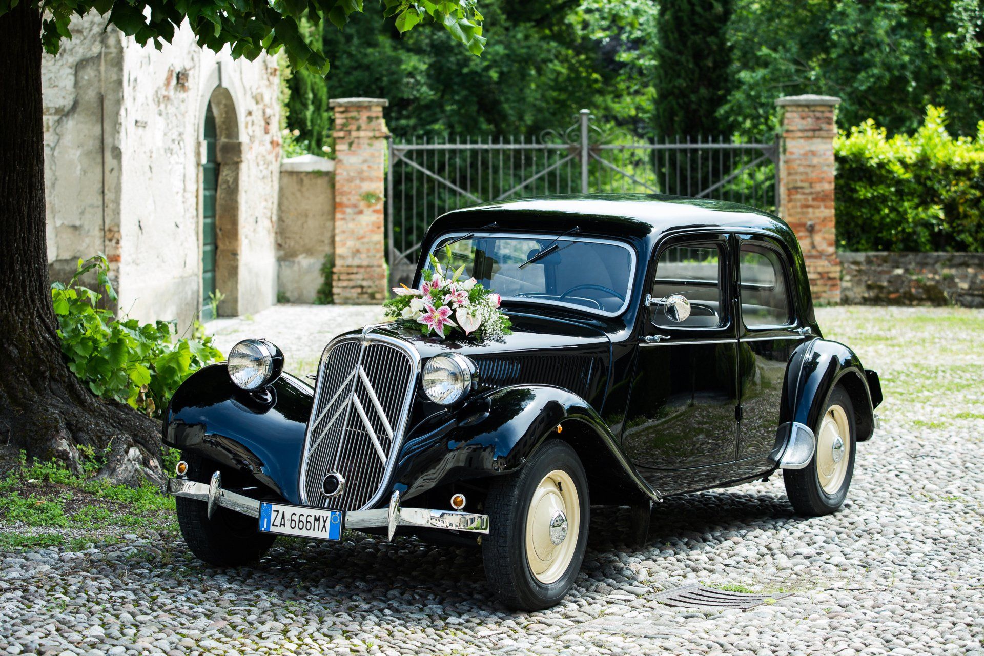 Die Citroen Gangsterlimouine mieten mit Blumenschmuck Oldtimer mieten Gangsterlimousine