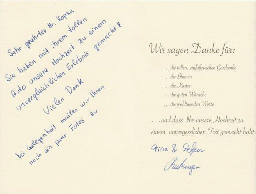 Liebe Tina, lieber Stefan, das ist wirklich aufregend wenn ich lese, mit welch großem Anteil das Hochzeitsauto zum Gelingen Ihrer Hochzeit beigetragen hat. Solche Komplimente motivieren! Freundliche Grüße und dass Ihre schöne Hochzeitsfeier noch lange nachwirkt, Reinhard Kopka Oldtimer mieten Hochzeit Bewertung