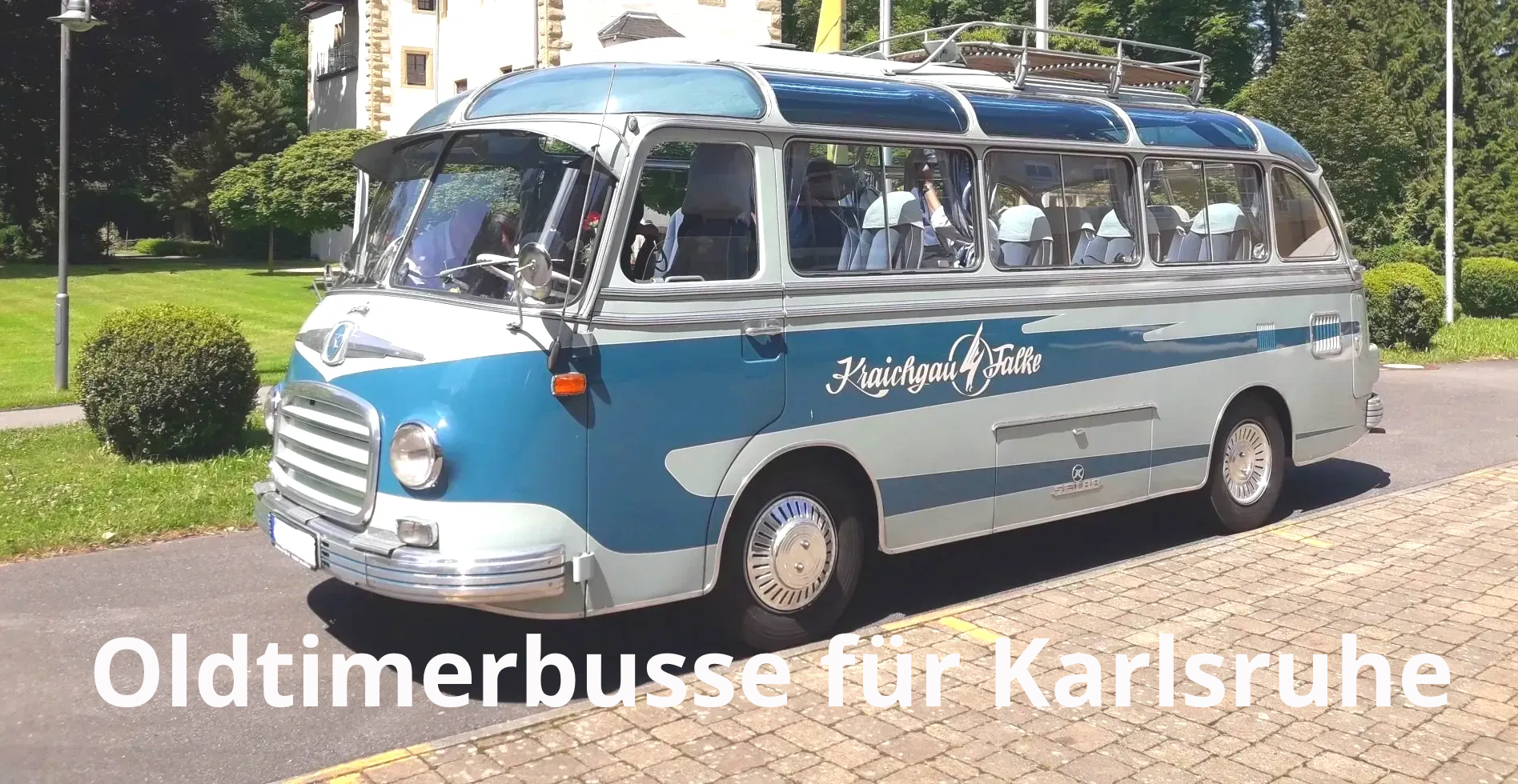 Diesen schönen Oldtimerbus mieten Sie in Karlsruhe sowie im Großraum Karlsruhe: In Ettlingen, Baden-Baden, Rastatt, Pforzheim, Bretten und Bruchsal; sowie darüber hinaus bis Mannheim, Heidelberg und Stuttgart. Oldtimerbus mieten Karlsruhe Hochzeit Hochzeitsauto