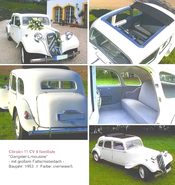 Der Citroen Oldtimer wurde in verschiedenen Modellvarianten von 1934 bis 1957 praktisch unverändert gebaut. Der robuste Oldtimer war seinerzeit bei Gangstern sehr beliebt, da er wesentlich schneller war als alle Polizeifahrzeuge. Das Fahrzeug ist heute ein beliebtes Hochzeitsauto von München bis Kiel. Zu mieten ist der Oldtimer auch für Film- und Fernsehen. Oldtimerbus mieten Münchren Hochzeit