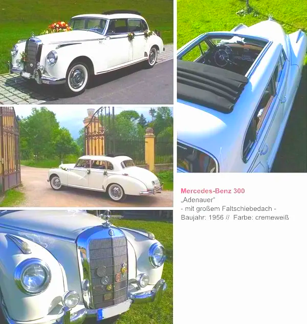 Ein repräsentatives Hochzeitsauto ist der Mercedes 300, den Bundskanzler Adenauer berühmt gemacht hat. Er fuhr mit dem Mercedes seinerzeit von Bonn aus auch bis München! Mieten Sie den Oldtimer in München und in Oberbayern. Oldtimer mieten München Hochzeitsauto