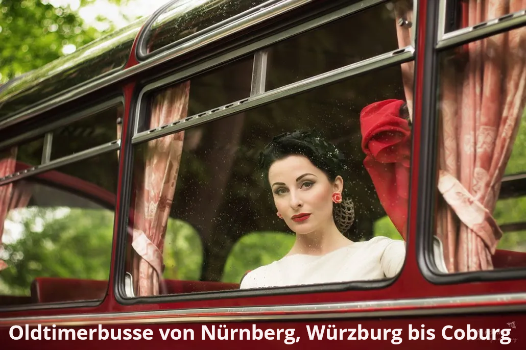 Oldtimerbus mieten in Nürnberg, Würzburg, Bamberg: Elegante Dame im Look der fünfziger Jahre, passend zum Oldtimerbus: Mieten Sie einen schönen Oldtimerbus für eine Zeitreise zurück in die Zeit des Wirtschaftswunders der 50er und 60er Jahre. Wir vermieten historische Busse von Nürnberg bis Bamberg und Coburg, Schweinfurt, Würzburg, Wertheim bis nach Bad Mergentheim und Rothenburg ob der Tauber. Oldtimerbus mieten Nürnberg Würzburg Bamberg Coburg