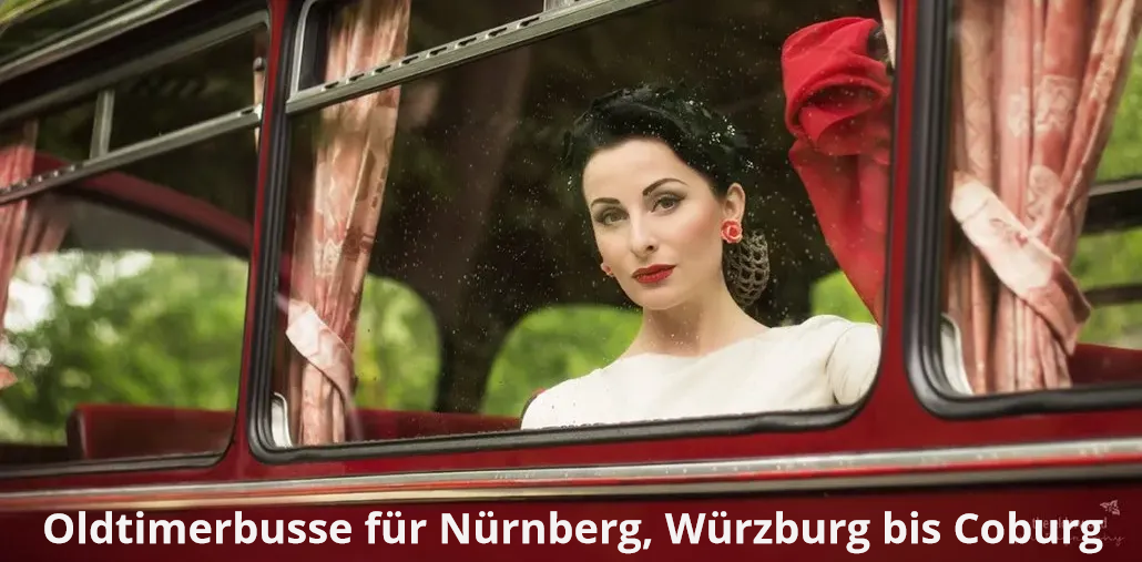 Oldtimerbus mieten in Nürnberg, Würzburg, Bamberg: Elegante Dame im Look der fünfziger Jahre, passend zum Oldtimerbus: Mieten Sie einen schönen Oldtimerbus für eine Zeitreise zurück in die Zeit des Wirtschaftswunders der 50er und 60er Jahre. Wir vermieten historische Busse von Nürnberg bis Bamberg und Coburg, Schweinfurt, Würzburg, Wertheim bis nach Bad Mergentheim und Rothenburg ob der Tauber. Oldtimerbus mieten Nürnberg Würzburg Bamberg Coburg