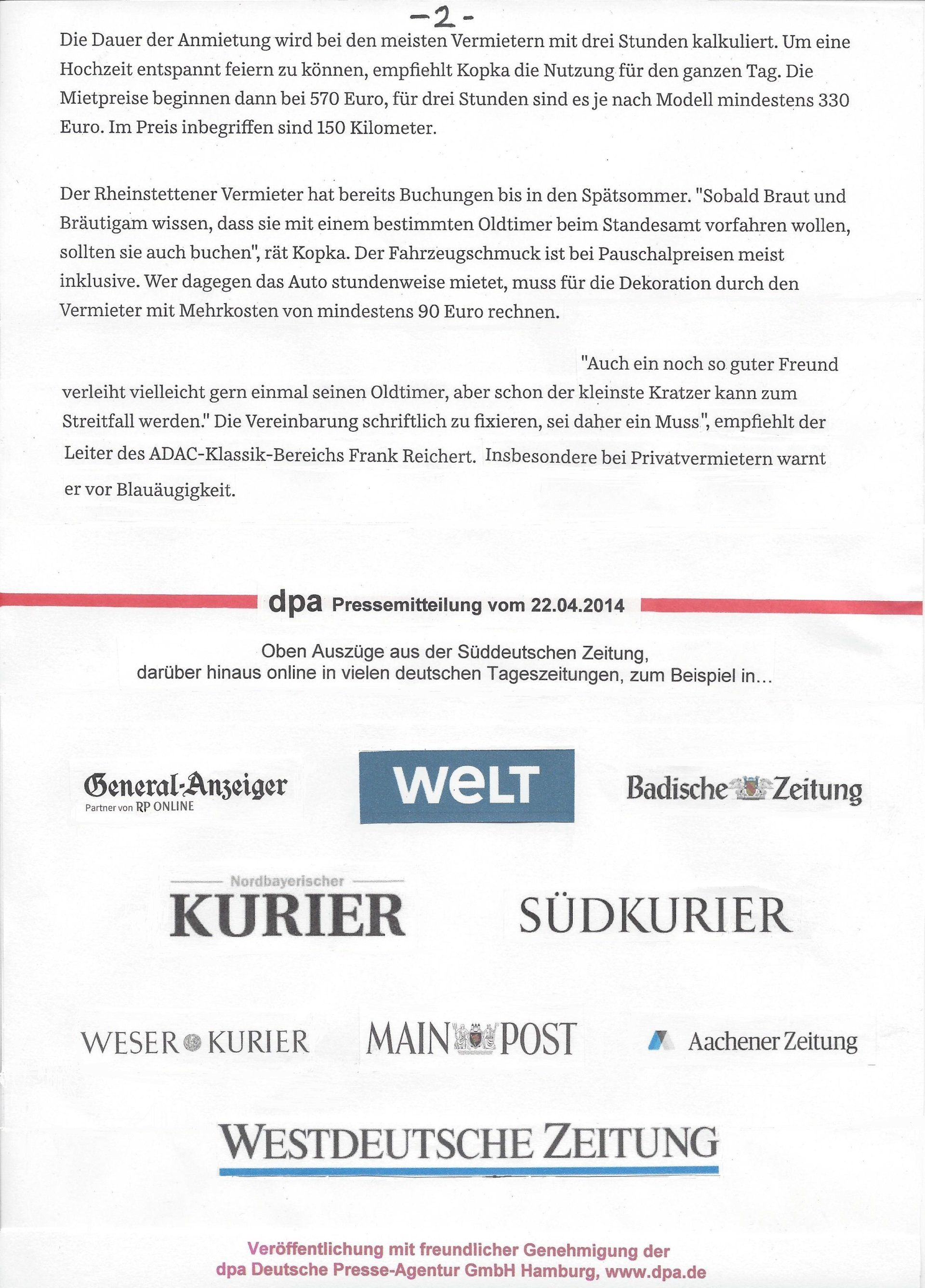 Viele Tageszeitungen haben den Oldtimer-Artikel von dpa veröffentlicht. Oldtimervermietung Rezensionen