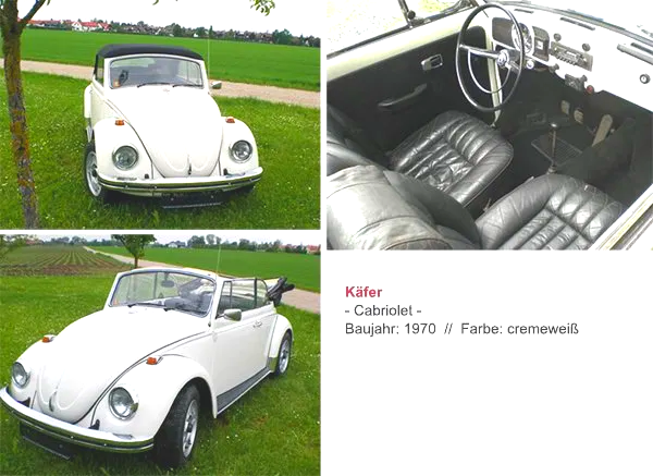 VW Käfer Cabrio mieten München - Das Käfermodell für die Hochzeit ganz in weiß für den Münchner Großraum. VW Käfer mieten Cabrio München