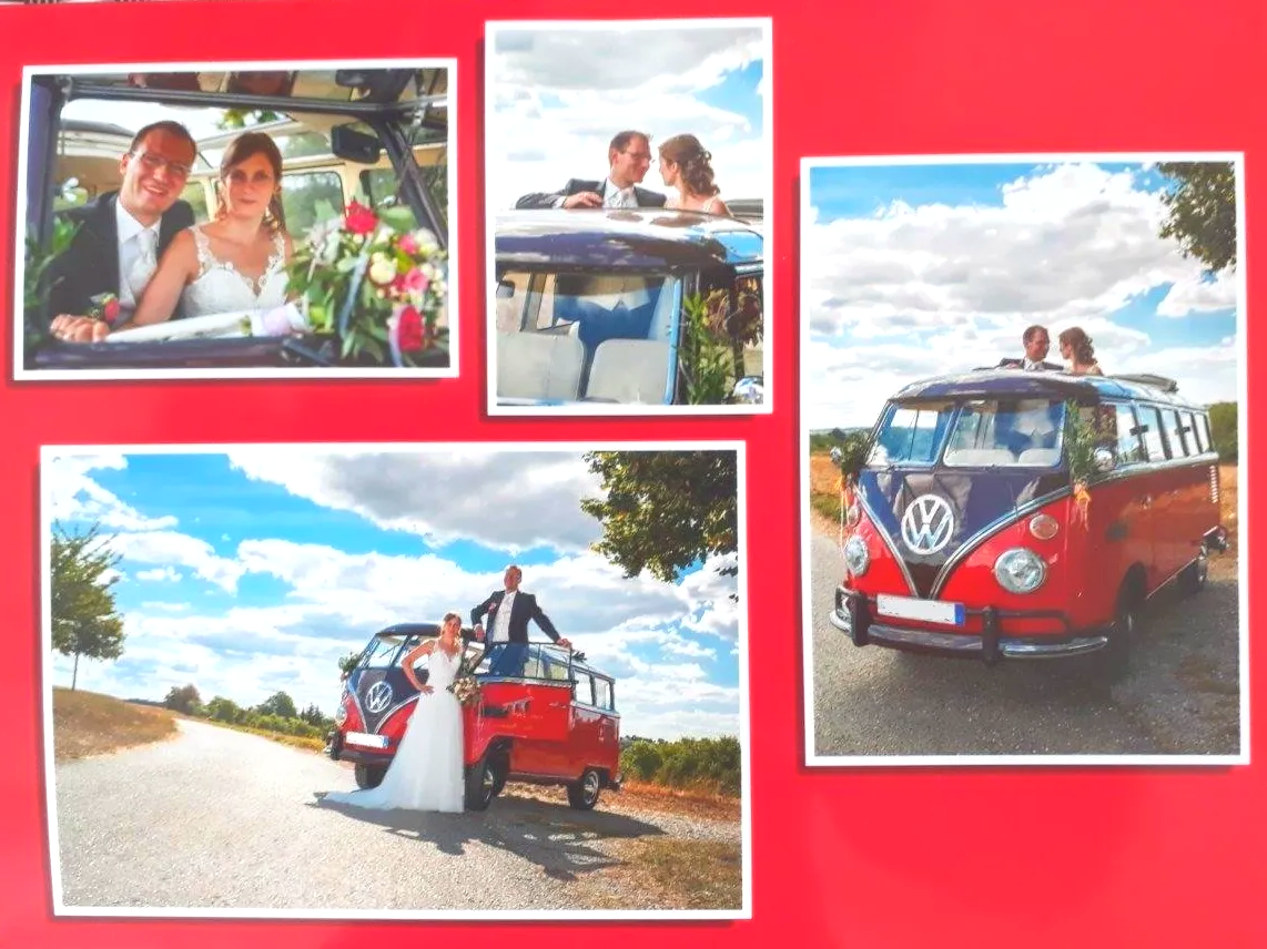 Mit dem VW Samba, mit dem großen Sonnendach, hat der Hochzeitsfotograf viele schöne Motive für die Hochzeitsfotos. VW Bulli T1 Samba Hochzeit
