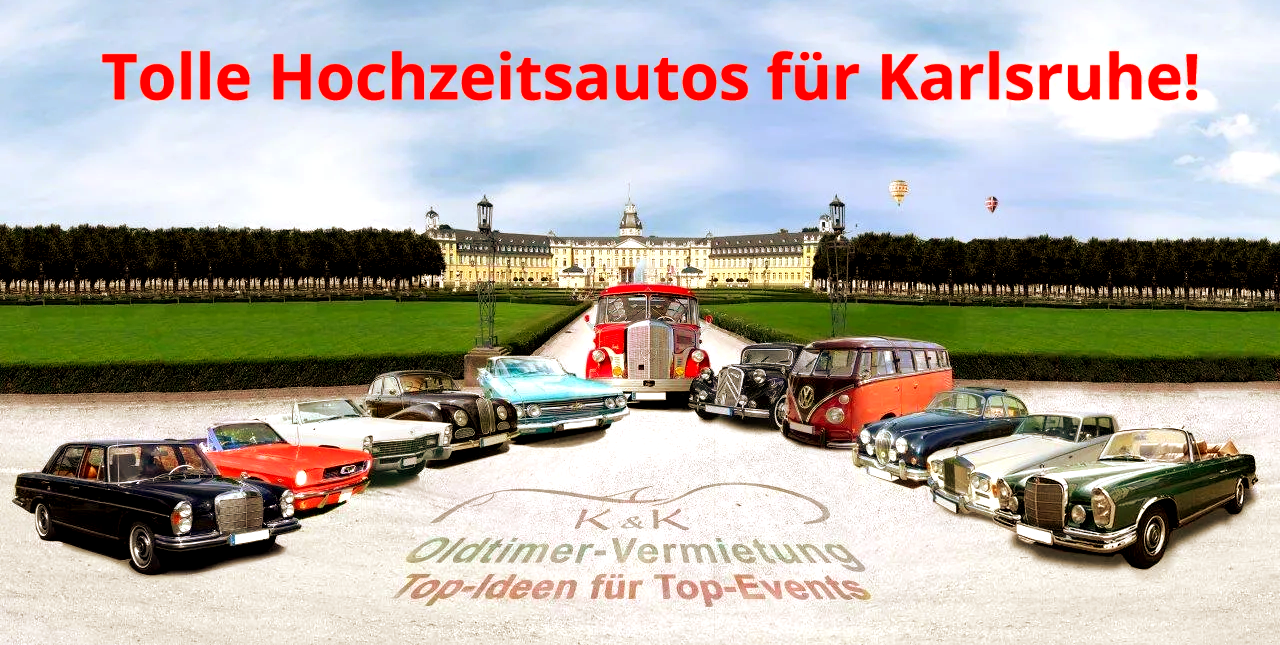 Ein tolles Hochzeitsauto mieten im schönen Karlsruhe: Die K & K Oldtimervermietung vermietet in Karlsruhe und Umgebung (Ettlingen, Rastatt, Baden-Baden und Nord-Schwarzwald, Pforzheim, Bretten und Bruchsal) auch für Ihre Hochzeit herrliche klassische Fahrzeuge. Alle Oldtimer Hochzeitsautos sind gepflegt und bieten viel Platz für das Brautpaar und natürlich das Brautkleid! Und für die Hochzeitsgesellschaft kann das Brautpaar auch in der Karlsruher Region einen romantischen Oldtimerbus mieten. Hochzeitsauto mieten in Karlsruhe