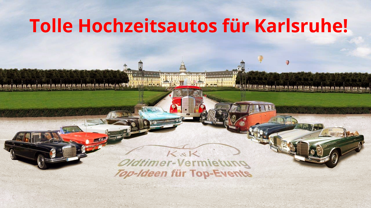 Ein tolles Hochzeitsauto mieten im schönen Karlsruhe: Die K & K Oldtimervermietung vermietet in Karlsruhe und Umgebung (Ettlingen, Rastatt, Baden-Baden und Nord-Schwarzwald, Pforzheim, Bretten und Bruchsal) auch für Ihre Hochzeit herrliche klassische Fahrzeuge. Alle Oldtimer Hochzeitsautos sind gepflegt und bieten viel Platz für das Brautpaar und natürlich das Brautkleid! Und für die Hochzeitsgesellschaft kann das Brautpaar auch in der Karlsruher Region einen romantischen Oldtimerbus mieten. Hochzeitsauto mieten in Karlsruhe