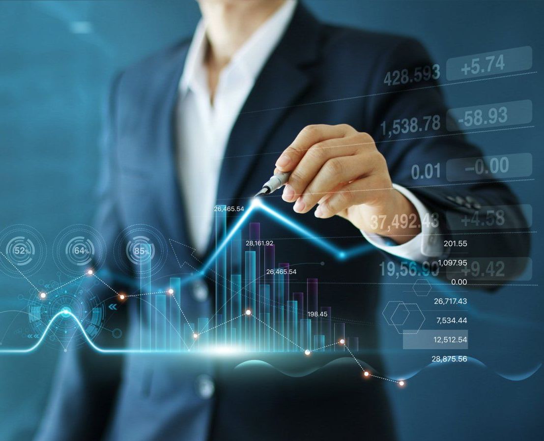 Graphic of man drawing a graph on a screen