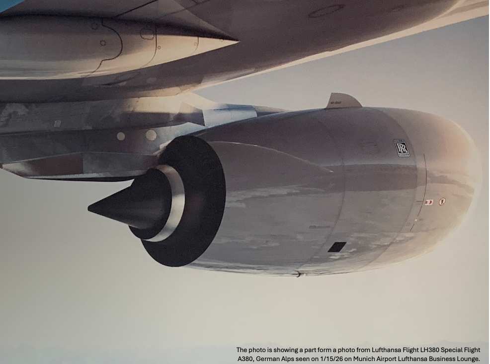 Rolls Royce Trend Engine on Lufthansa Flight with A380 German Alps