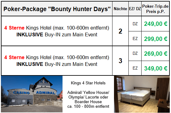 Preisliste im 4 Sterne Hotel zu den Bounty Hunter Days im August im Kings Casino in Rozvadov