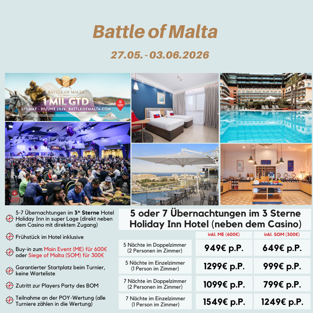 Hilton Package für das Malta Poker Festival 2024 mit 6 Übernachtungen