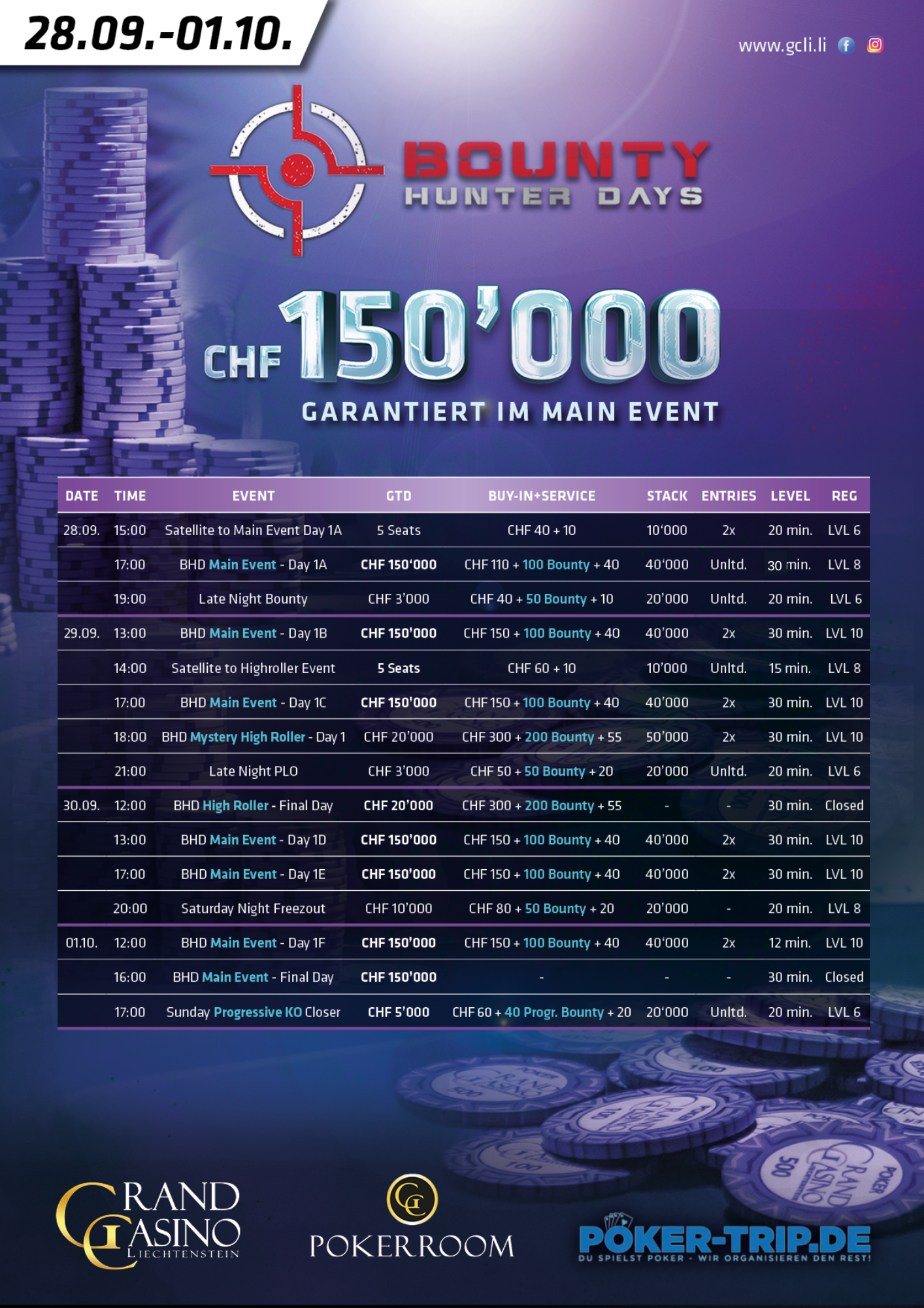 Schedule zu den Bounty Hunter Days im Grand Casino in Liechtenstein vom 23.03. - 26.03.2023