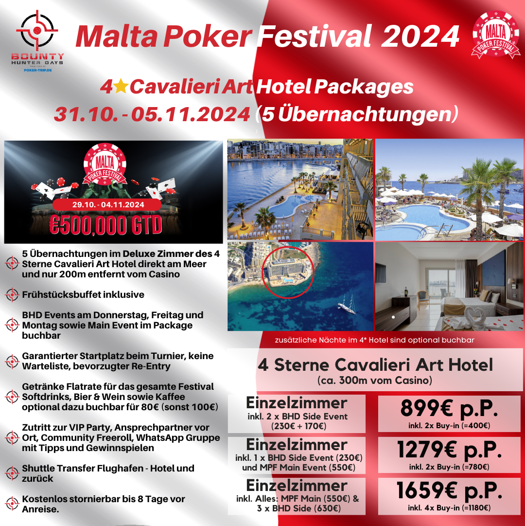 Poker Package für das Malta Poker Festival 2024 im 4 Sterne Cavalieri Hotel