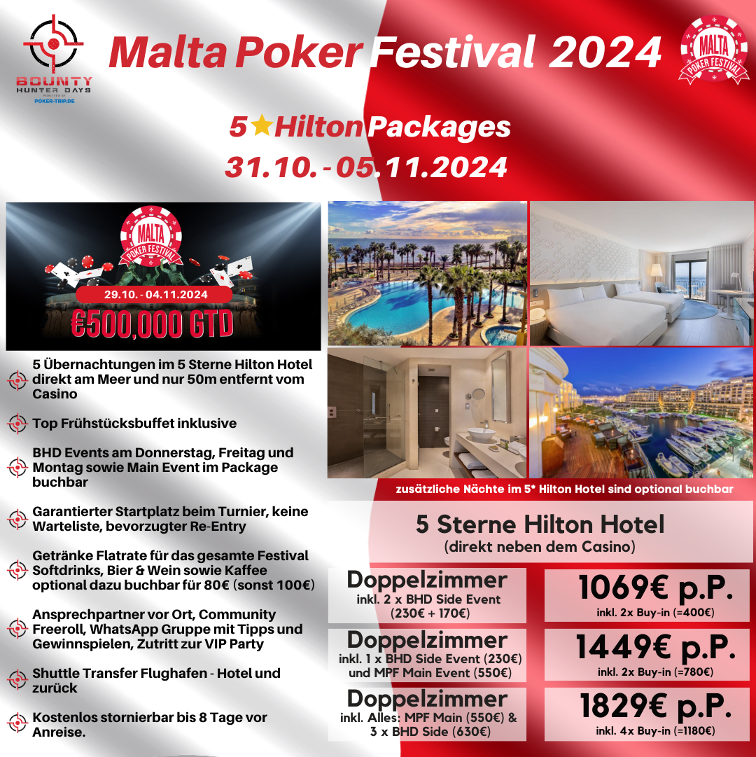 Hilton Package für das Malta Poker Festival 2024 mit 6 Übernachtungen