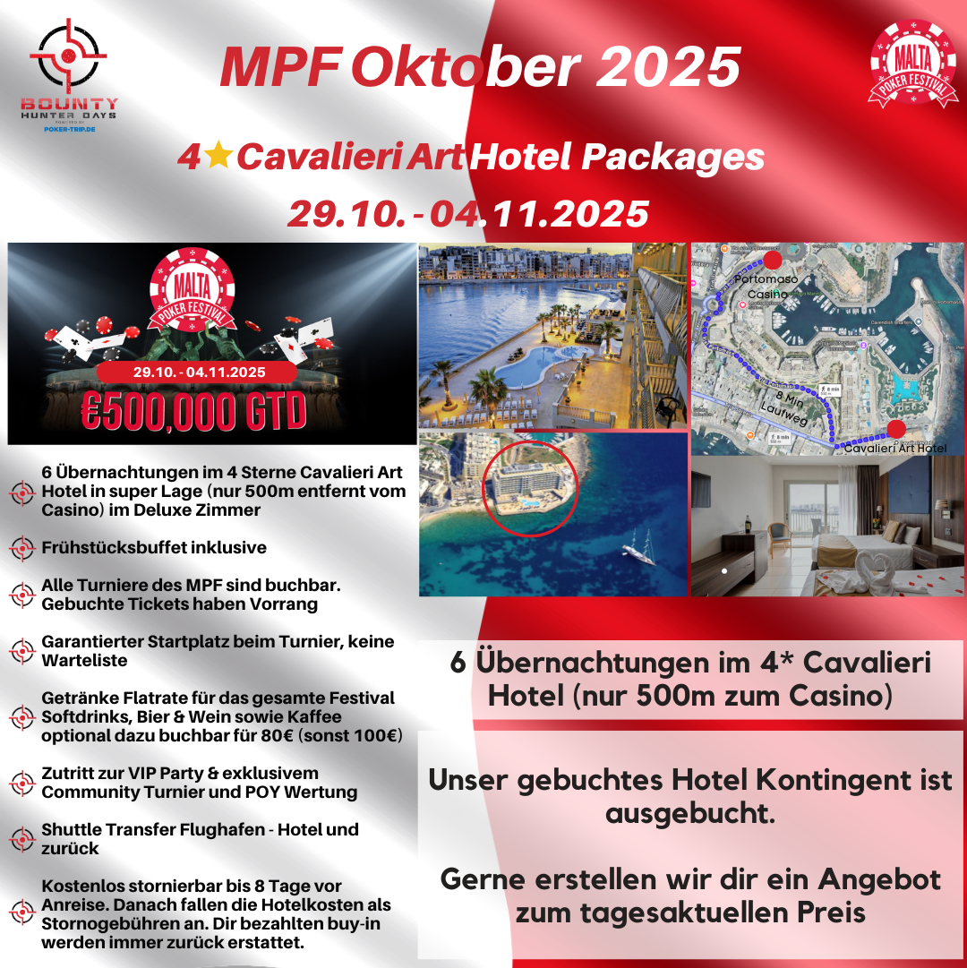 Poker Package für das Malta Poker Festival 2024 im 4 Sterne Cavalieri Hotel