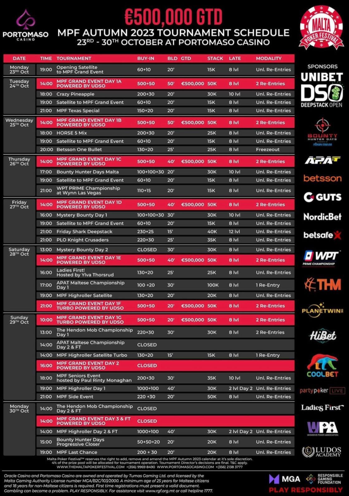 Schedule des Malta Poker Festivals 2023