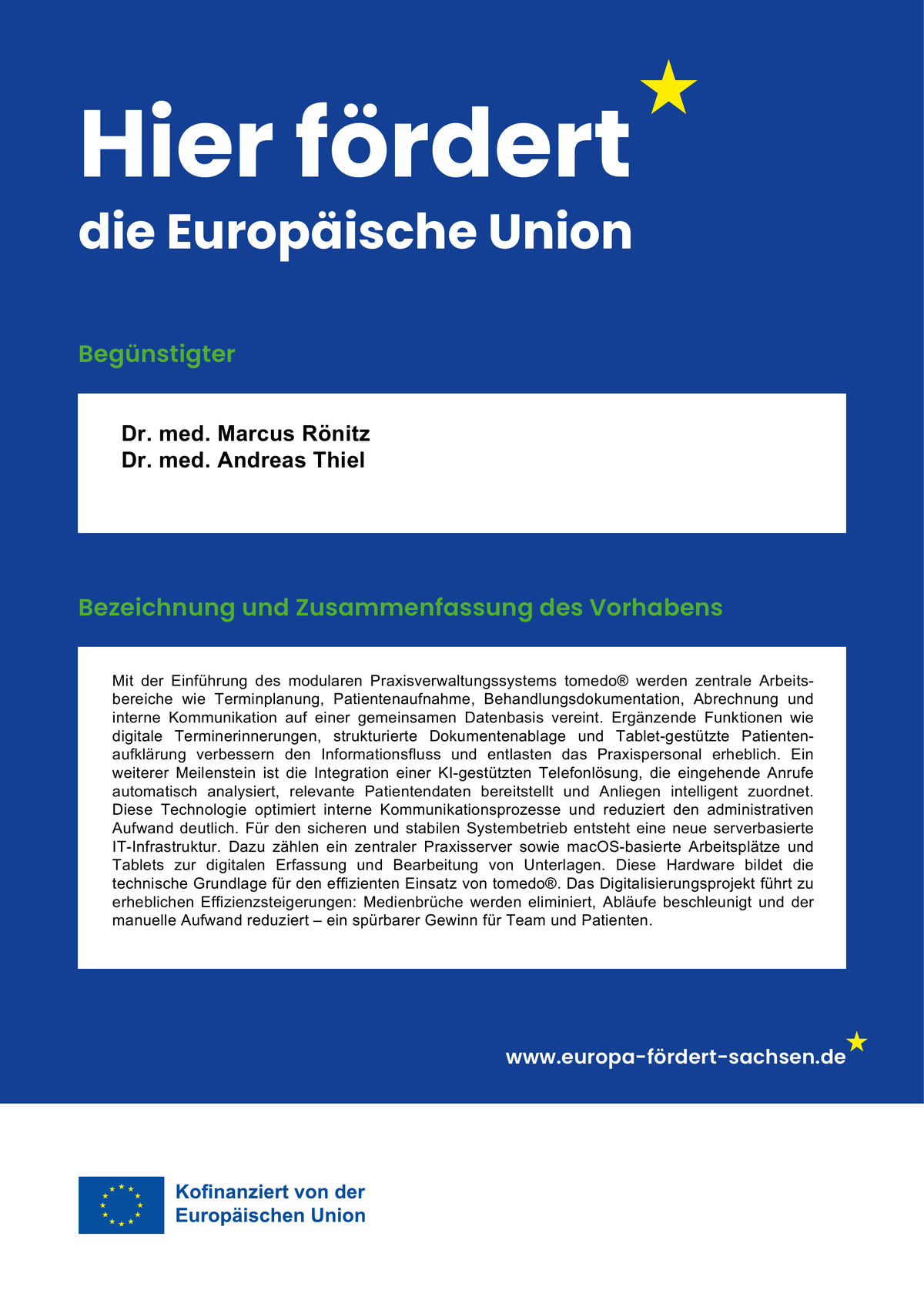 EU-Förderplakat zur Förderung des Digitalisierungsprojekts der Praxis