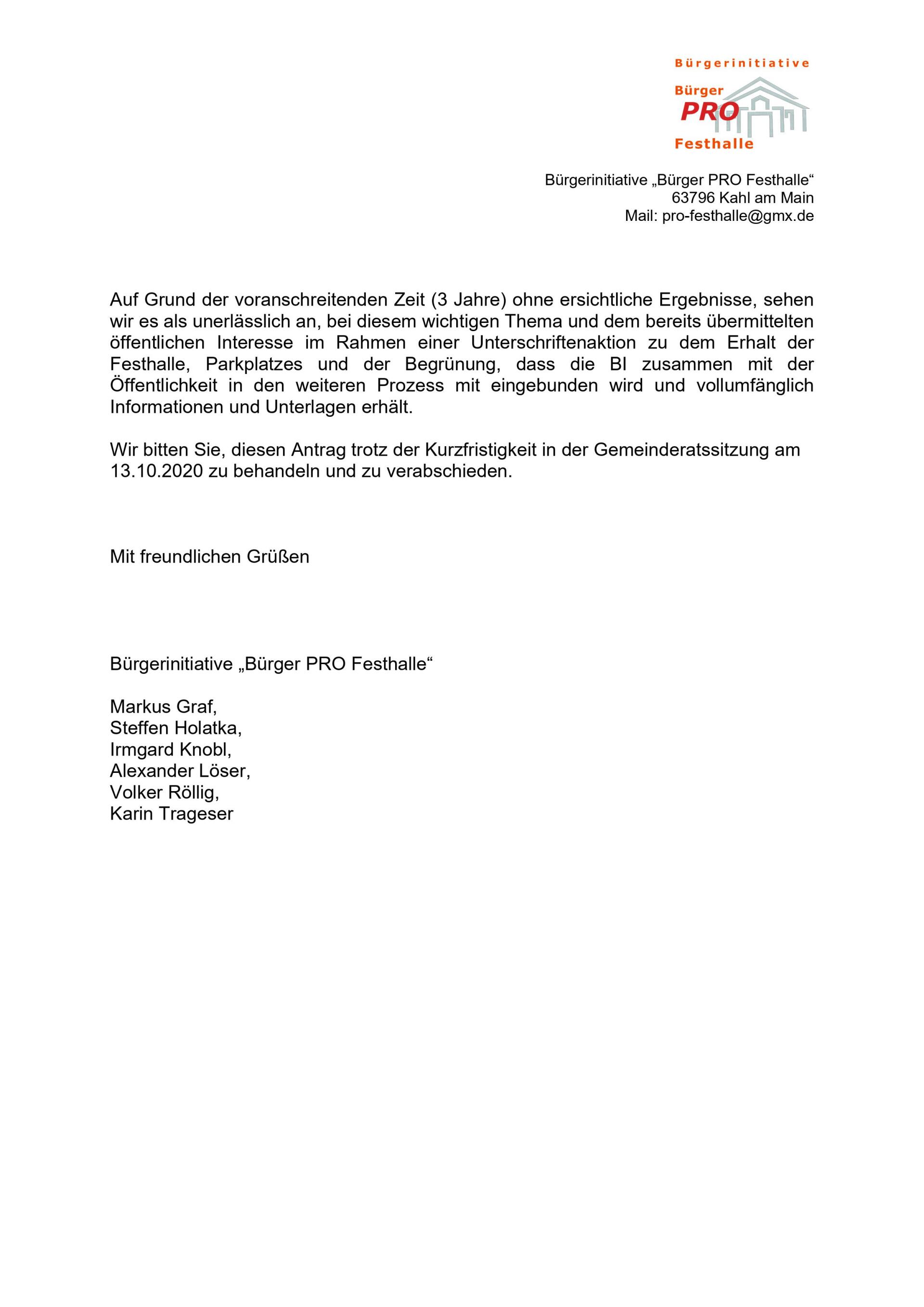 Antrag BI zur Festhalle Antrag BI zur Festhalle