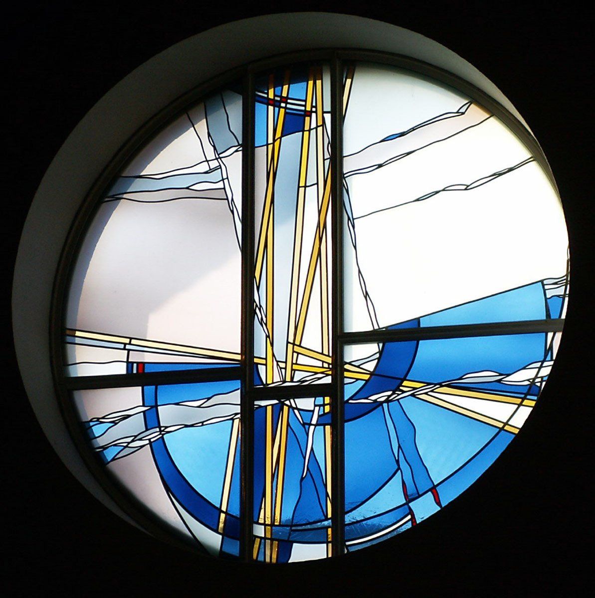 Fenstergestaltung Rosette SCHIFF; Gemeindezentrum Burg; Glasmalerei; Licht-Malerei; Bildende Kunst; Zeitgenössische Glas-Kunst; Kunst am Bau, Architekturbezogene Kunst, Kunst im öffentlichen Raum; KUNST.HAUS am SEE; Werenzhainer Ziegelei 1; 03253 Doberlug-Kirchhain; Landkreis Elbe-Elster; Lausitz; Brandenburg; Deutschland