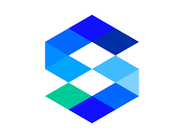 Logo stylisé en forme de lettres avec des teintes de bleu et vert.