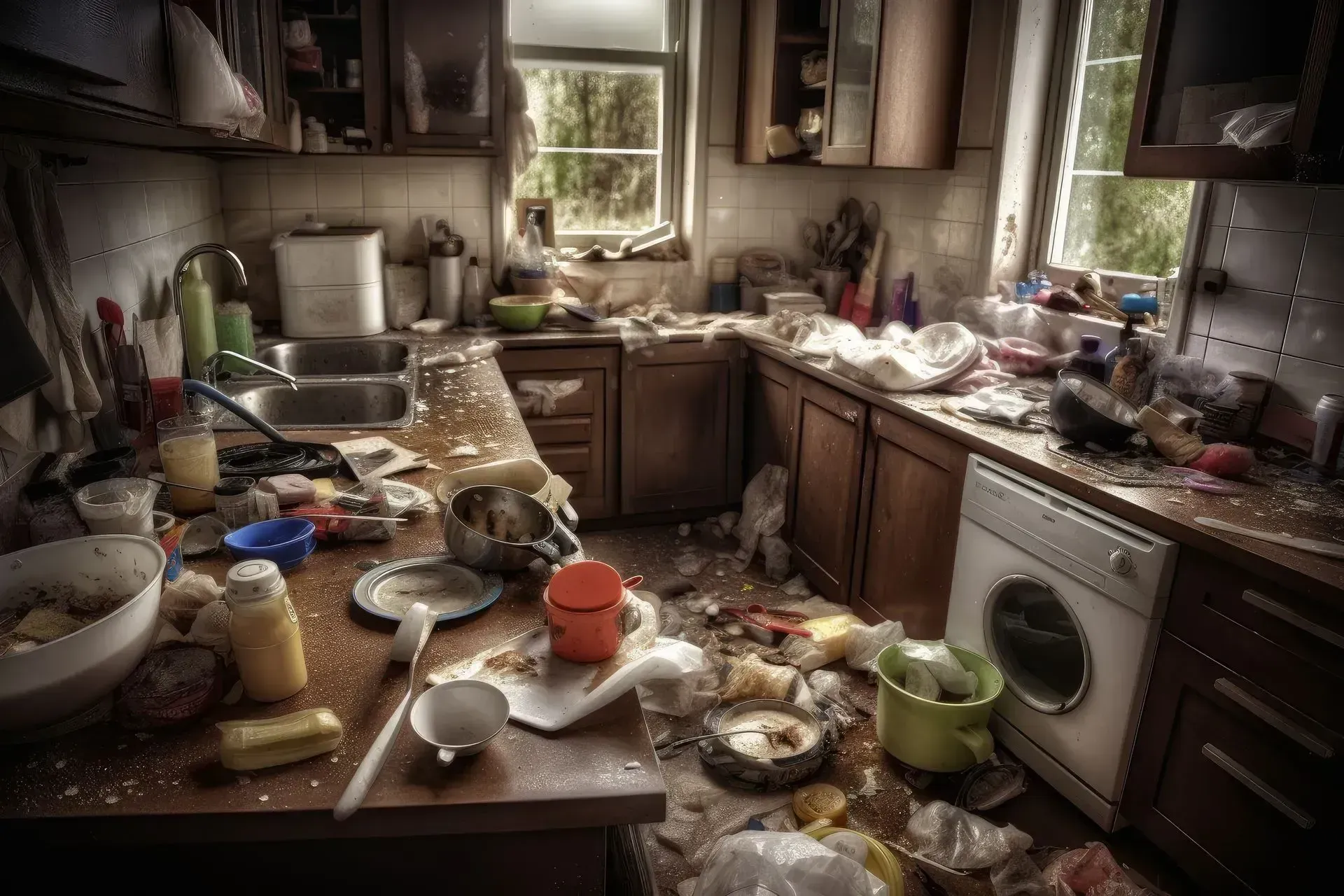 Cuisine en désordre avec vaisselle sale et déchets