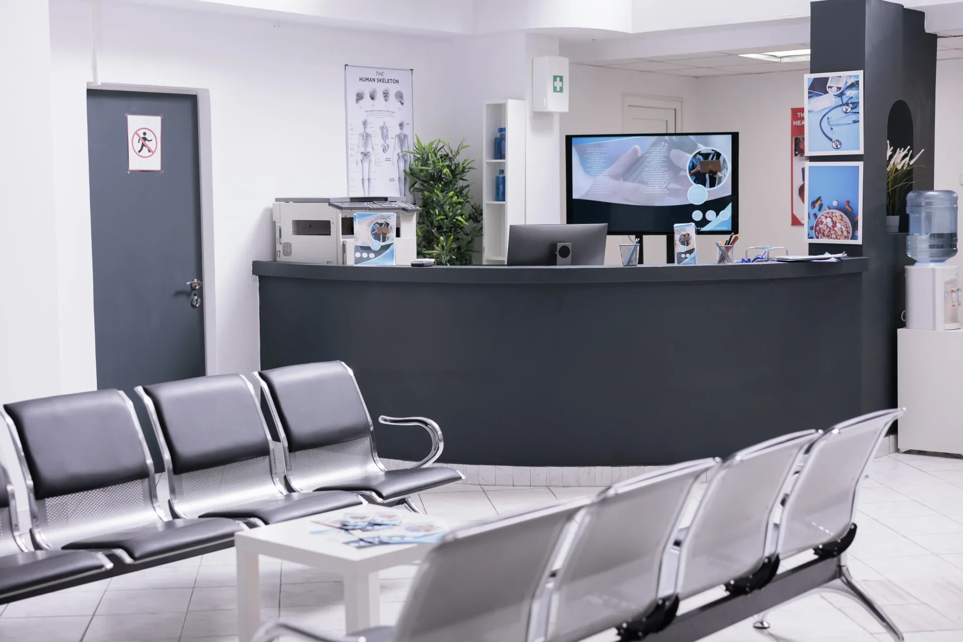 réception-clinique-avec-salle-d'attente-hall-d'entrée-comptoir-d'enregistrement-patients-ayant-des-rendez-vous-médicaux-bureau-d'accueil-vide-centre-de-santé-visites-de-bilan-de-santé