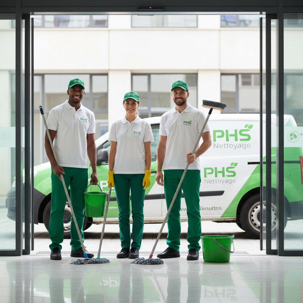 3 agents d'entretien debout sui pose avec le sourire habillé de vert et de blanc avec balai à la main