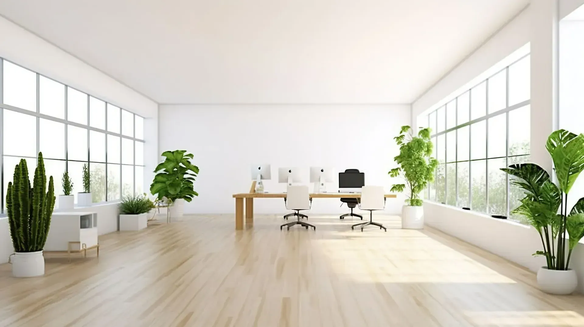 Bureau éclairé naturellement avec des plantes verte et des murs blancs