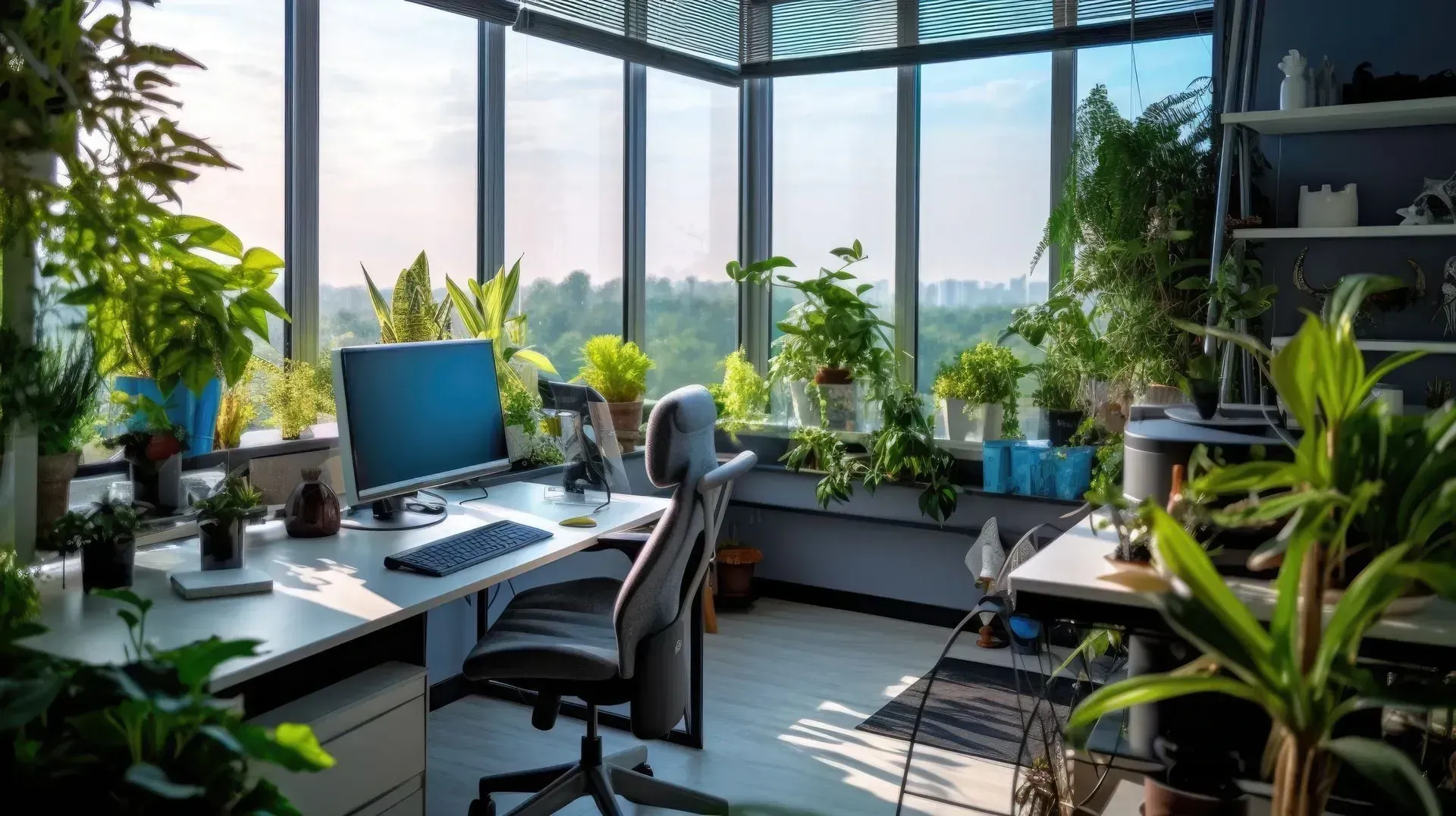 Un espace de travail lumineux entouré de plantes et de lumière naturelle