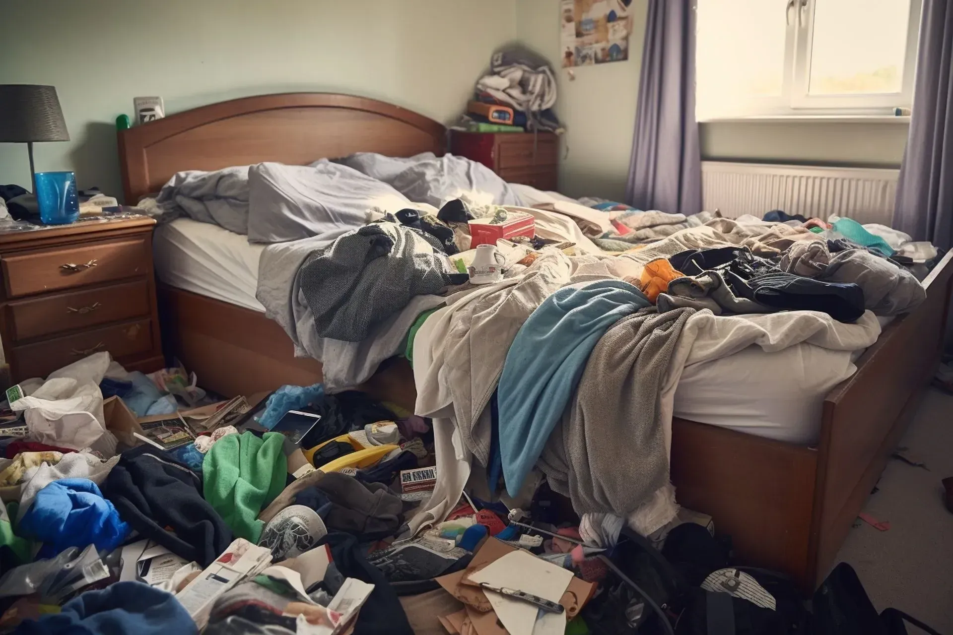Chambre en désordre avec des objets éparpillés sur le lit et le sol