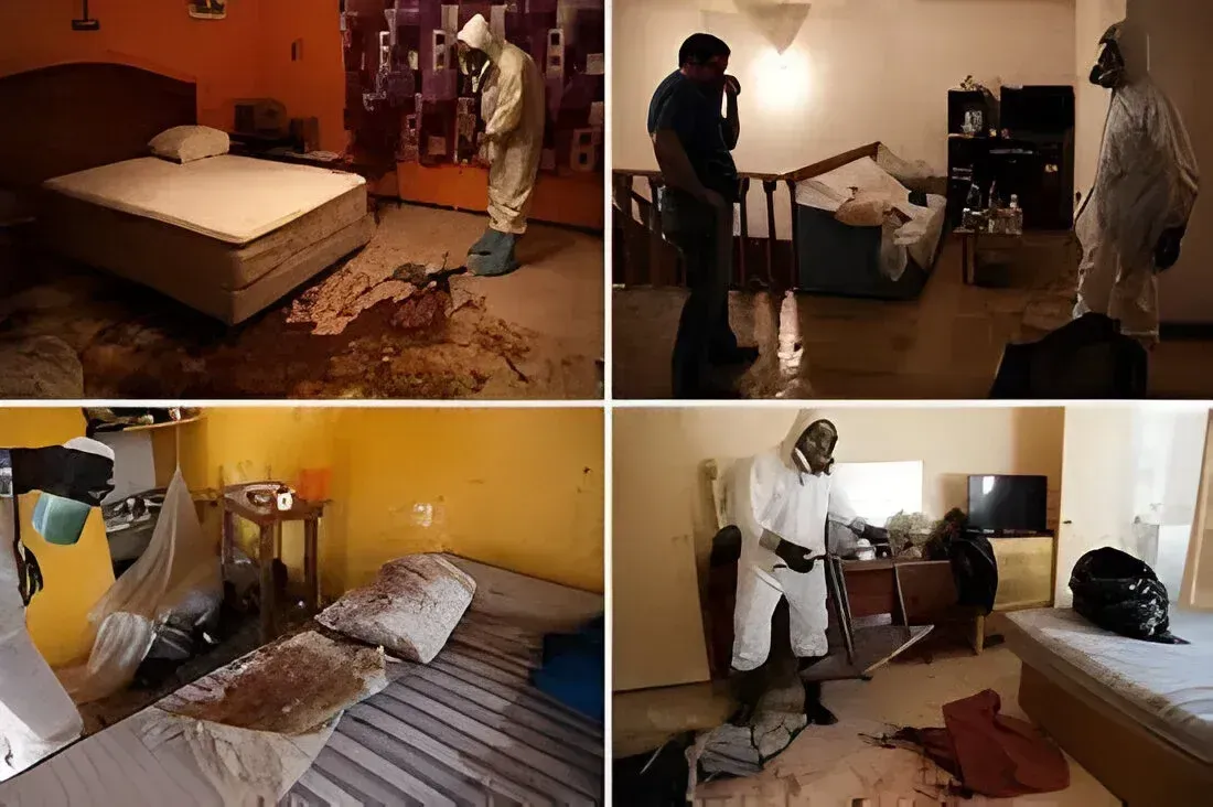 Un agent de nettoyage inspecte une chambre avec un matelas et des débris au sol