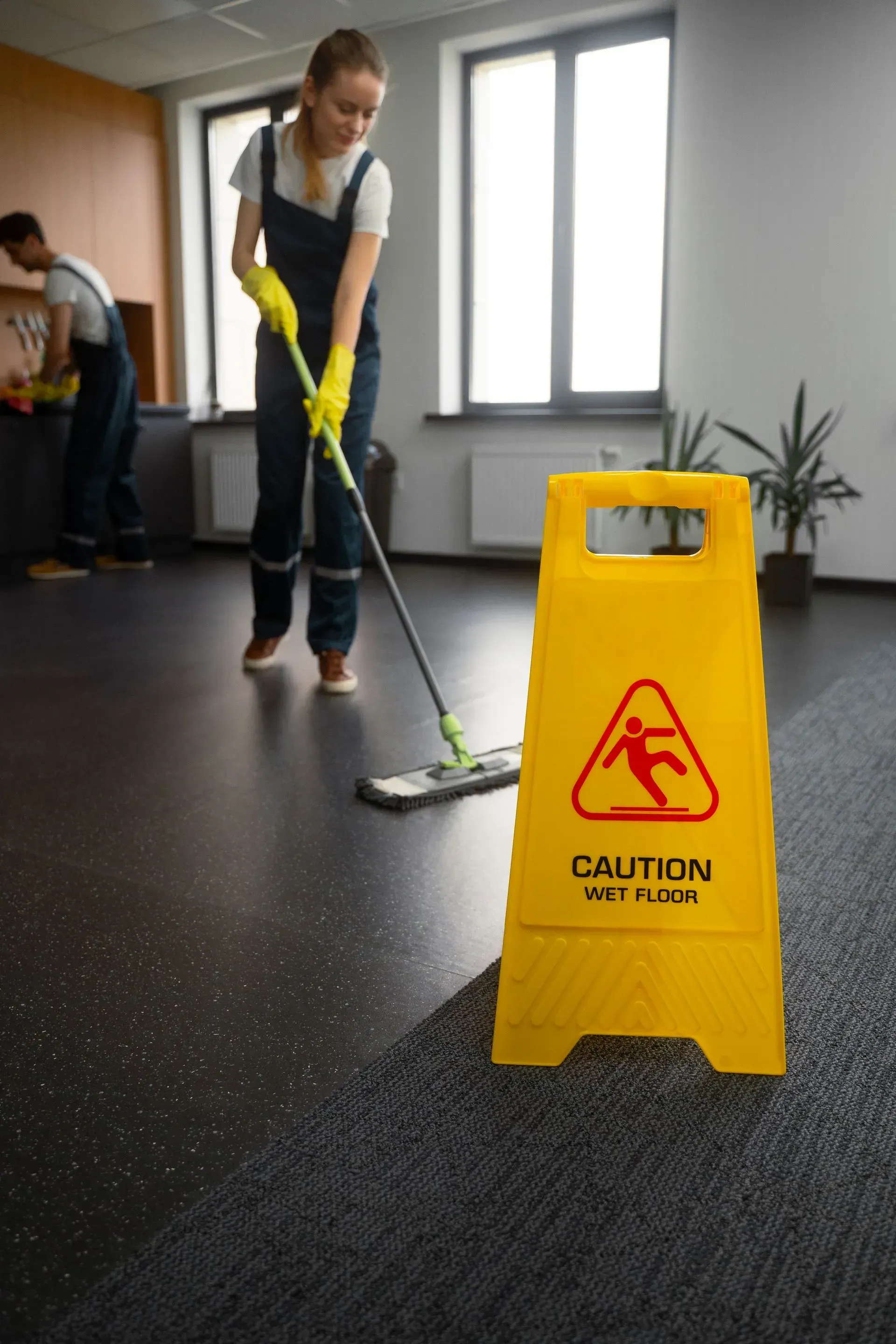 Panneau de précaution pour sol mouillé pendant le nettoyage